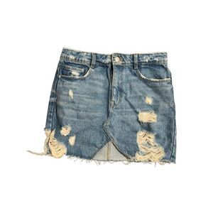 Zara womens ligh medium blue distressed denim jean mini skirt Xs